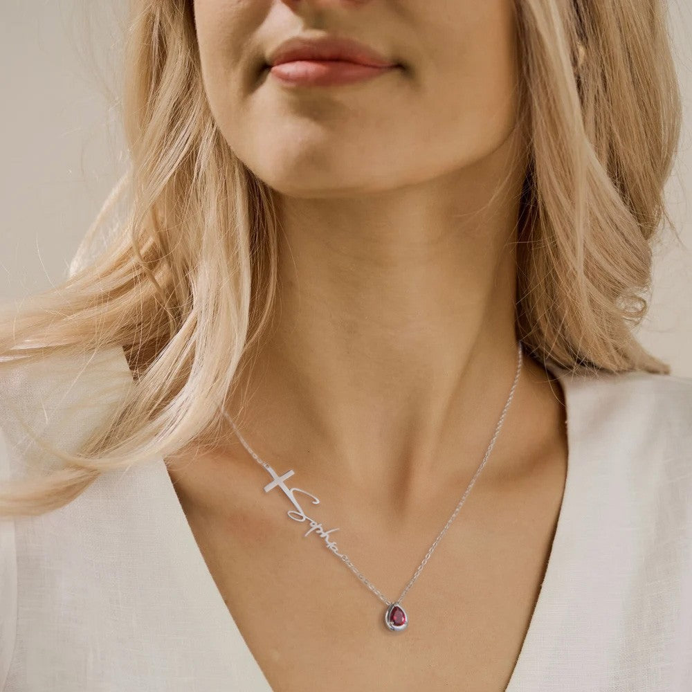 Personalized Sideway Name Cross Necklace, Custom Birthstone Teardrop Sterling Silver Necklace, First Communion/Christening Gift for Women/Her