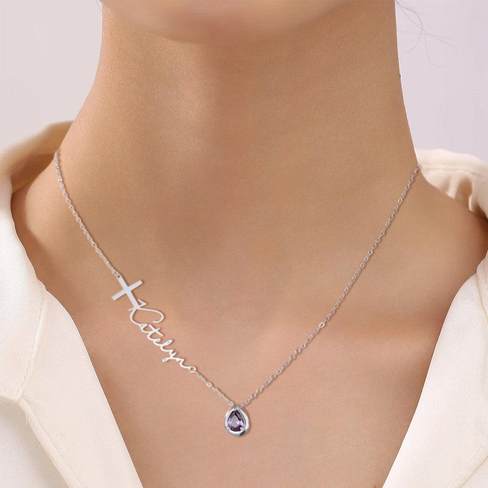 Personalized Sideway Name Cross Necklace, Custom Birthstone Teardrop Sterling Silver Necklace, First Communion/Christening Gift for Women/Her