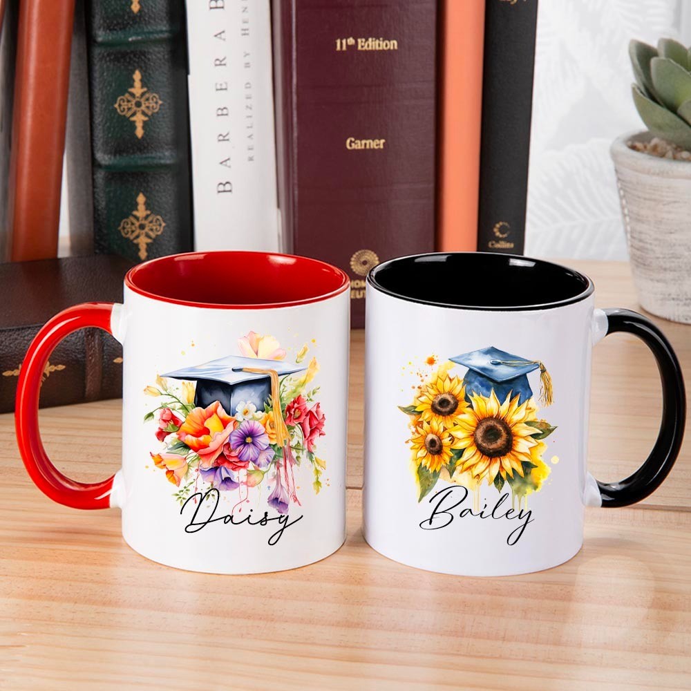 Personalized Name Bouquet of Flowers Graduation Cap Mug, 11oz Ceramic Coffee Tea Cup for Graduate, Graduation Gift for Graduates/Classmates/Friends