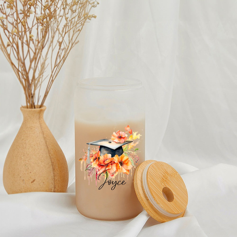 Personalized Bouquet of Flowers Graduation Cap Glass Cup, Frosted Glass Tumbler with Bamboo Lid and Straw, Graduation Gift for Graduates/Classmates