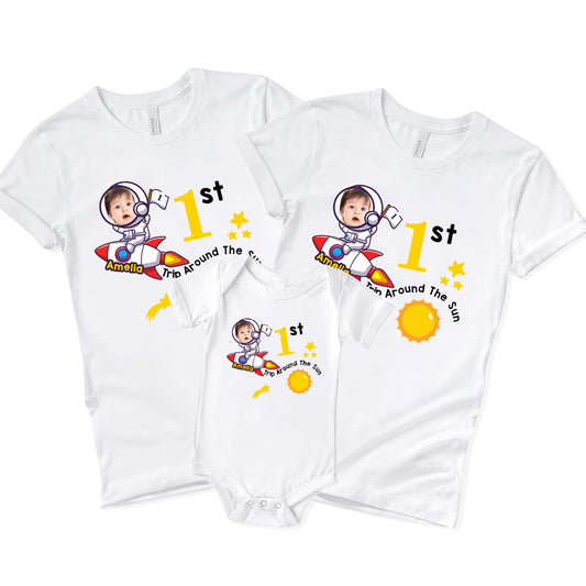 Personalized Baby's 1st Trip Around the Sun Parent-Child Clothing, Custom Memorial Photo & Name Baby Bodysuit, Baby Show Gift, Gift for Newborn/Family