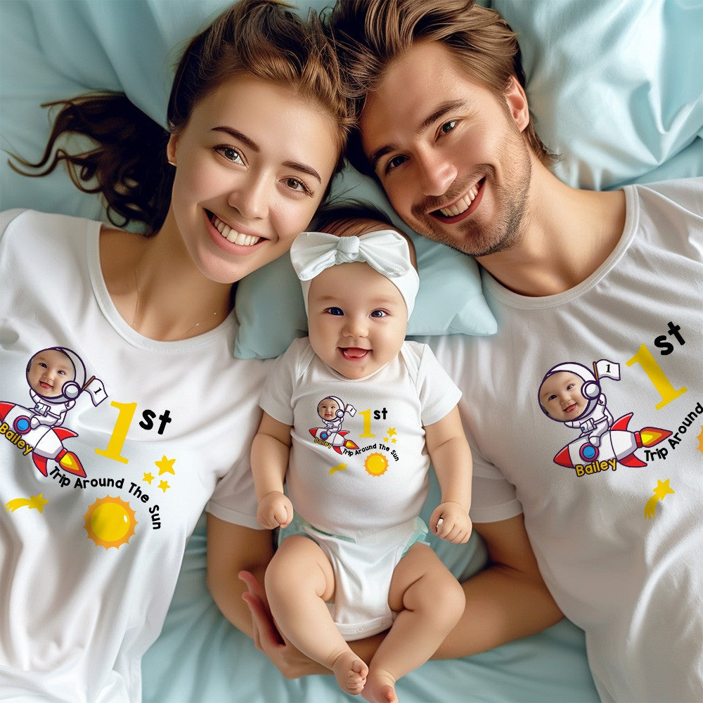Personalized Baby's 1st Trip Around the Sun Parent-Child Clothing, Custom Memorial Photo & Name Baby Bodysuit, Baby Show Gift, Gift for Newborn/Family