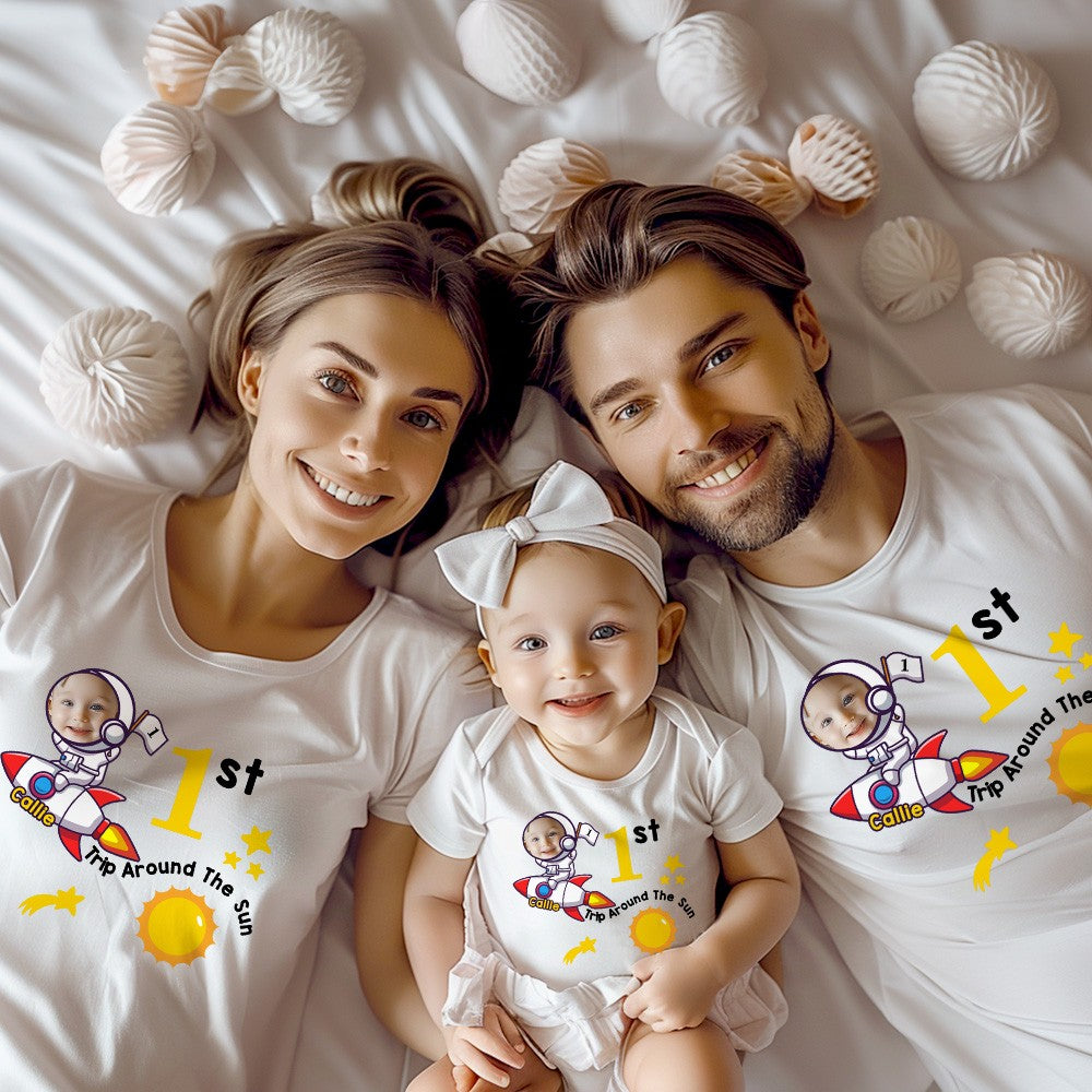 Personalized Baby's 1st Trip Around the Sun Parent-Child Clothing, Custom Memorial Photo & Name Baby Bodysuit, Baby Show Gift, Gift for Newborn/Family