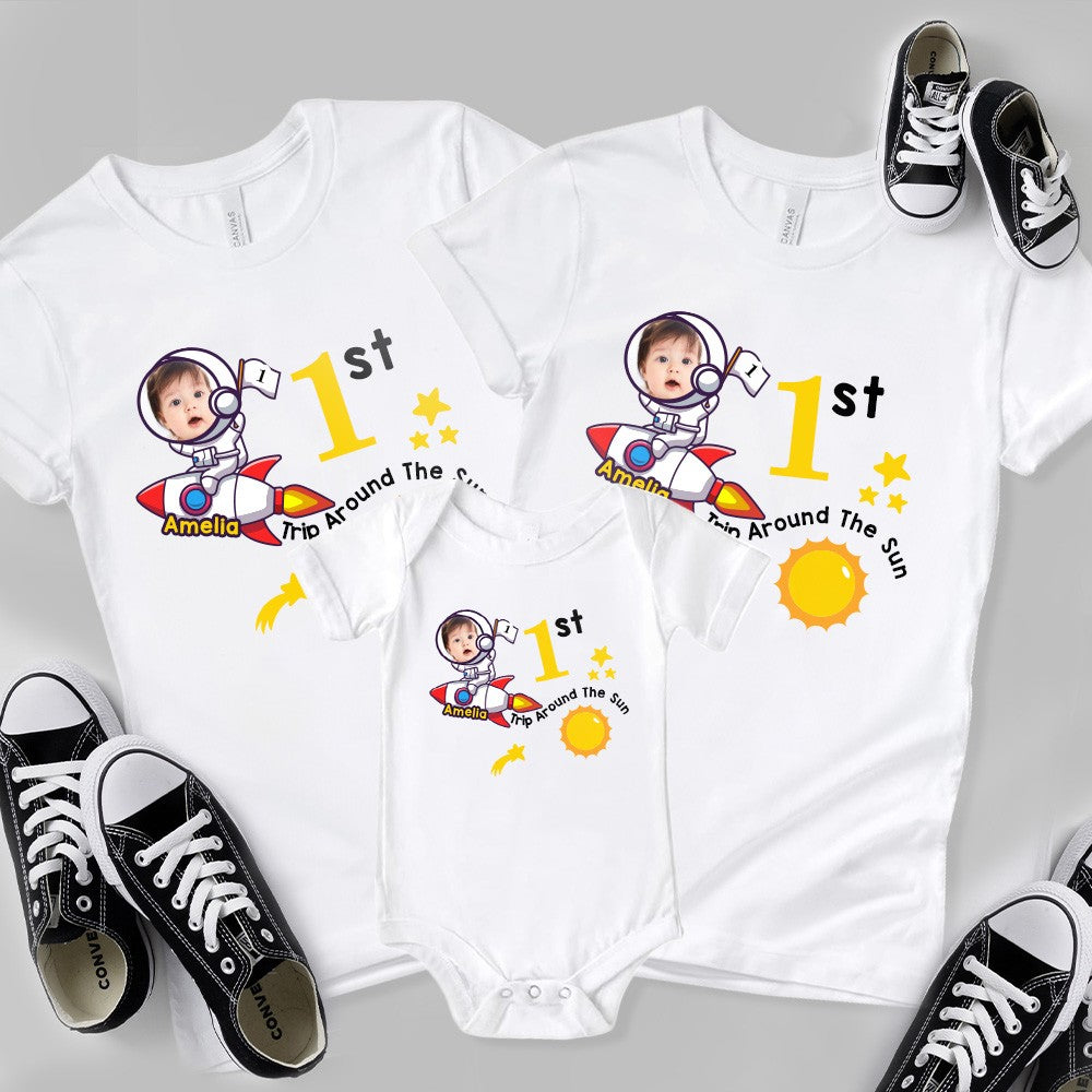 Personalized Baby's 1st Trip Around the Sun Parent-Child Clothing, Custom Memorial Photo & Name Baby Bodysuit, Baby Show Gift, Gift for Newborn/Family