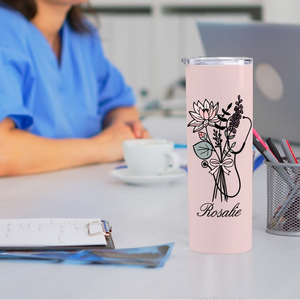 Personalized Name Bow Birth Flower Stethoscope Tumbler, 20oz Stainless Steel Thermos Cup, Graduation/Appreciation Gift for Doctor/Nurse/Medical Staff