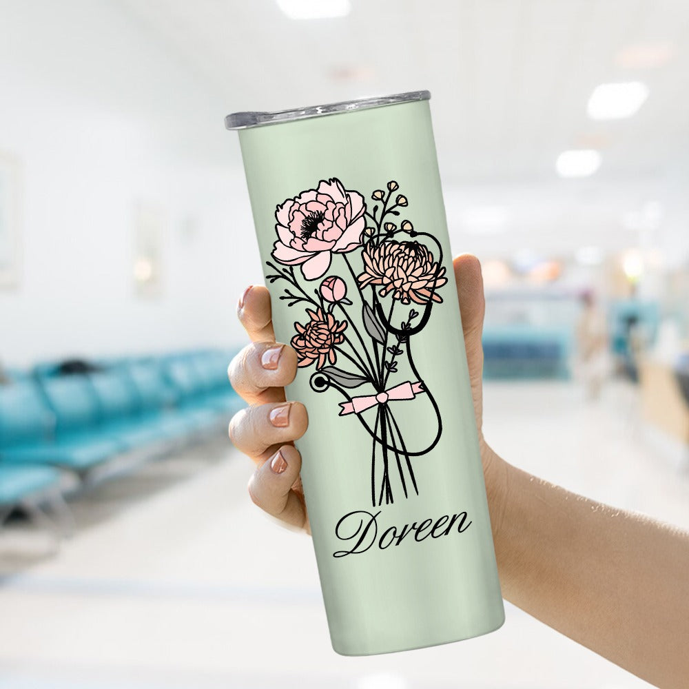 Personalized Name Bow Birth Flower Stethoscope Tumbler, 20oz Stainless Steel Thermos Cup, Graduation/Appreciation Gift for Doctor/Nurse/Medical Staff