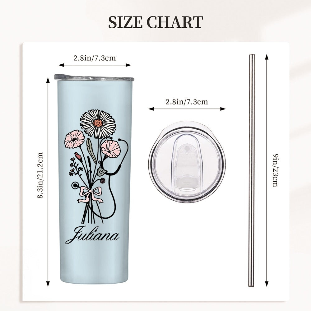 Personalized Name Bow Birth Flower Stethoscope Tumbler, 20oz Stainless Steel Thermos Cup, Graduation/Appreciation Gift for Doctor/Nurse/Medical Staff