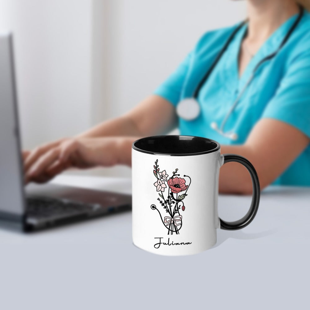 Personalized Name Stethoscope Bow Birth Flower Mug, 11oz Ceramic Coffee Tea Cup for Nurse, Graduation/Appreciation Gift for Doctor/Nurse/Medical Staff