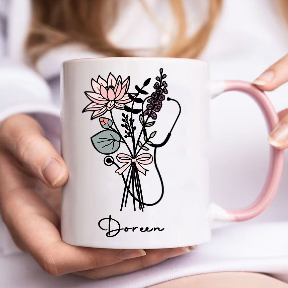 Personalized Name Stethoscope Bow Birth Flower Mug, 11oz Ceramic Coffee Tea Cup for Nurse, Graduation/Appreciation Gift for Doctor/Nurse/Medical Staff