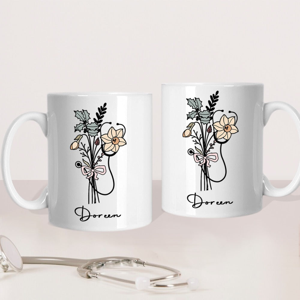 Personalized Name Stethoscope Bow Birth Flower Mug, 11oz Ceramic Coffee Tea Cup for Nurse, Graduation/Appreciation Gift for Doctor/Nurse/Medical Staff