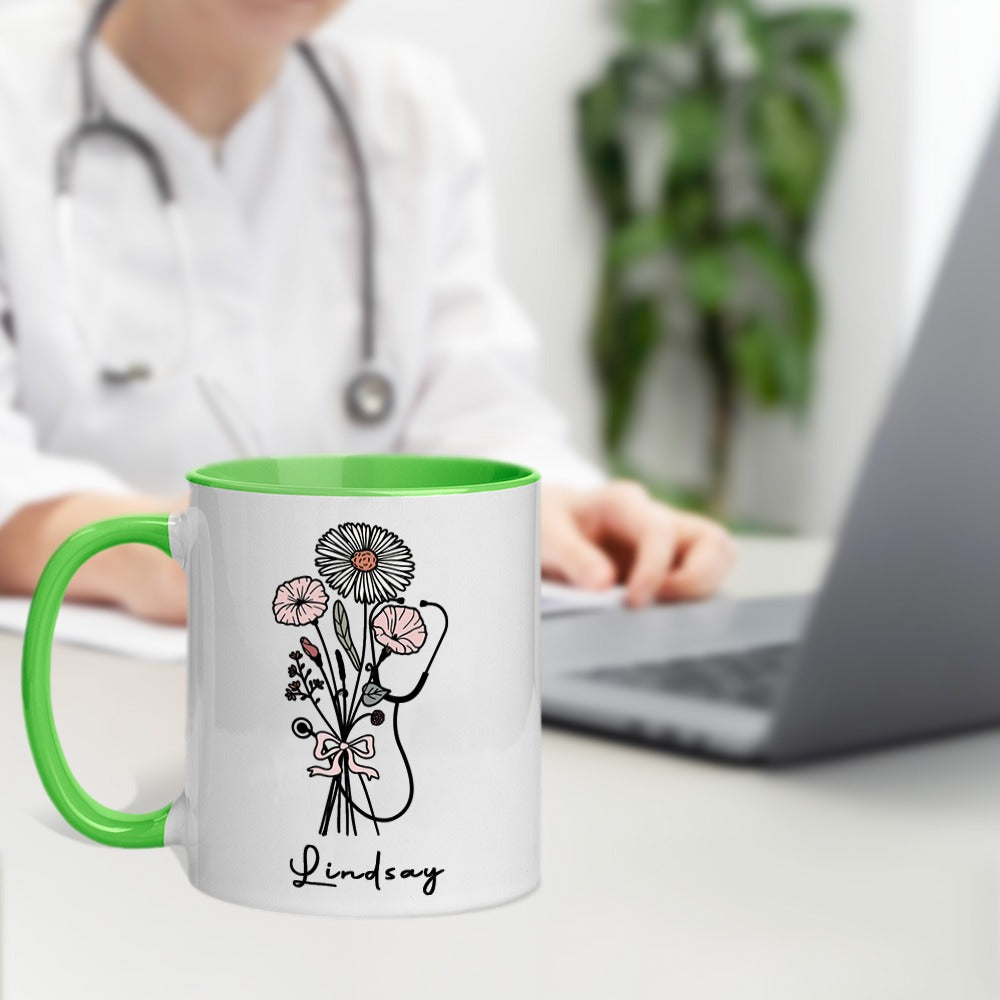 Personalized Name Stethoscope Bow Birth Flower Mug, 11oz Ceramic Coffee Tea Cup for Nurse, Graduation/Appreciation Gift for Doctor/Nurse/Medical Staff