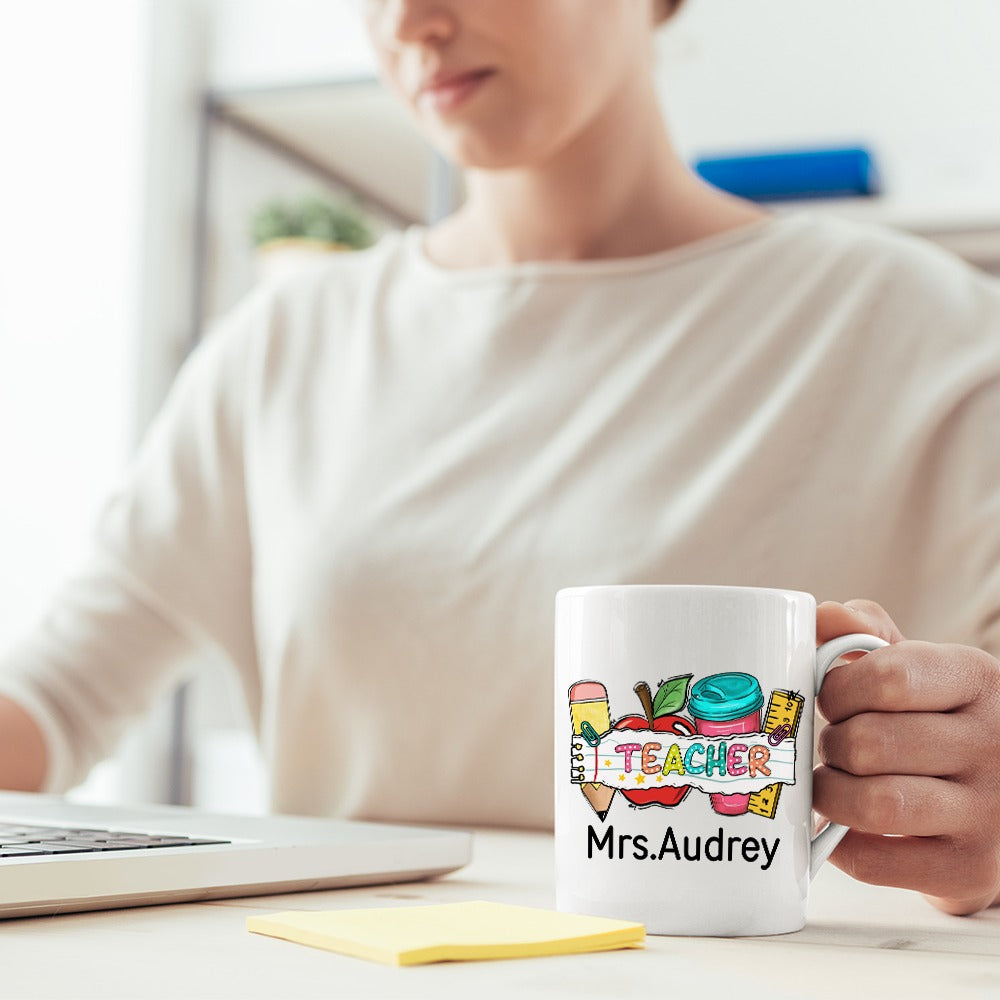 Personalized Name Teacher Mug, Pencil Apple Ruler Design Teacher's 11oz Ceramic Mug, Teacher's Day/Appreciation/Back to School Gift for Teachers