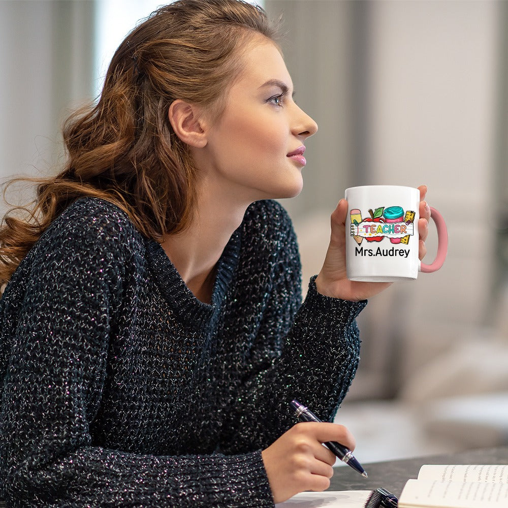 Personalized Name Teacher Mug, Pencil Apple Ruler Design Teacher's 11oz Ceramic Mug, Teacher's Day/Appreciation/Back to School Gift for Teachers