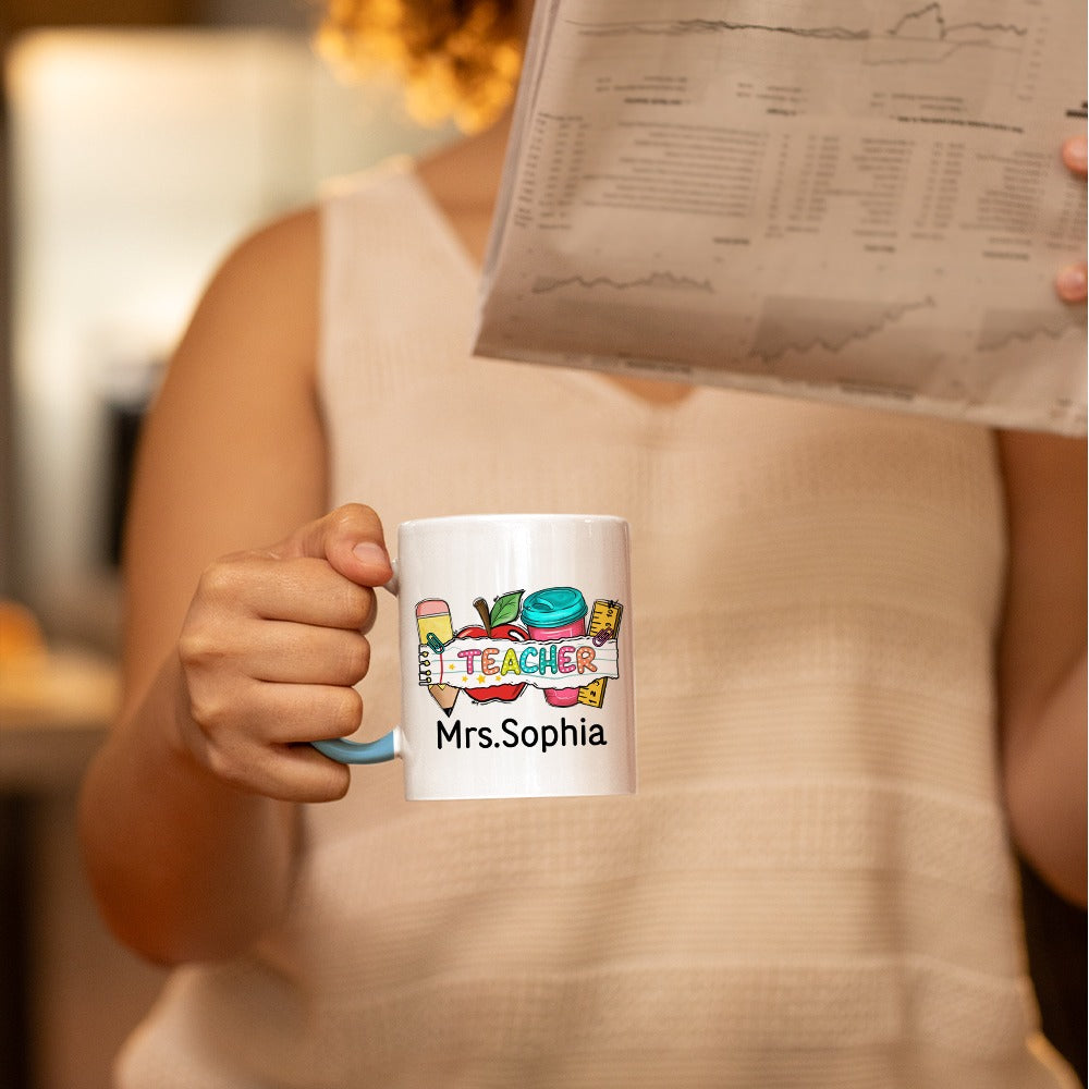 Personalized Name Teacher Mug, Pencil Apple Ruler Design Teacher's 11oz Ceramic Mug, Teacher's Day/Appreciation/Back to School Gift for Teachers