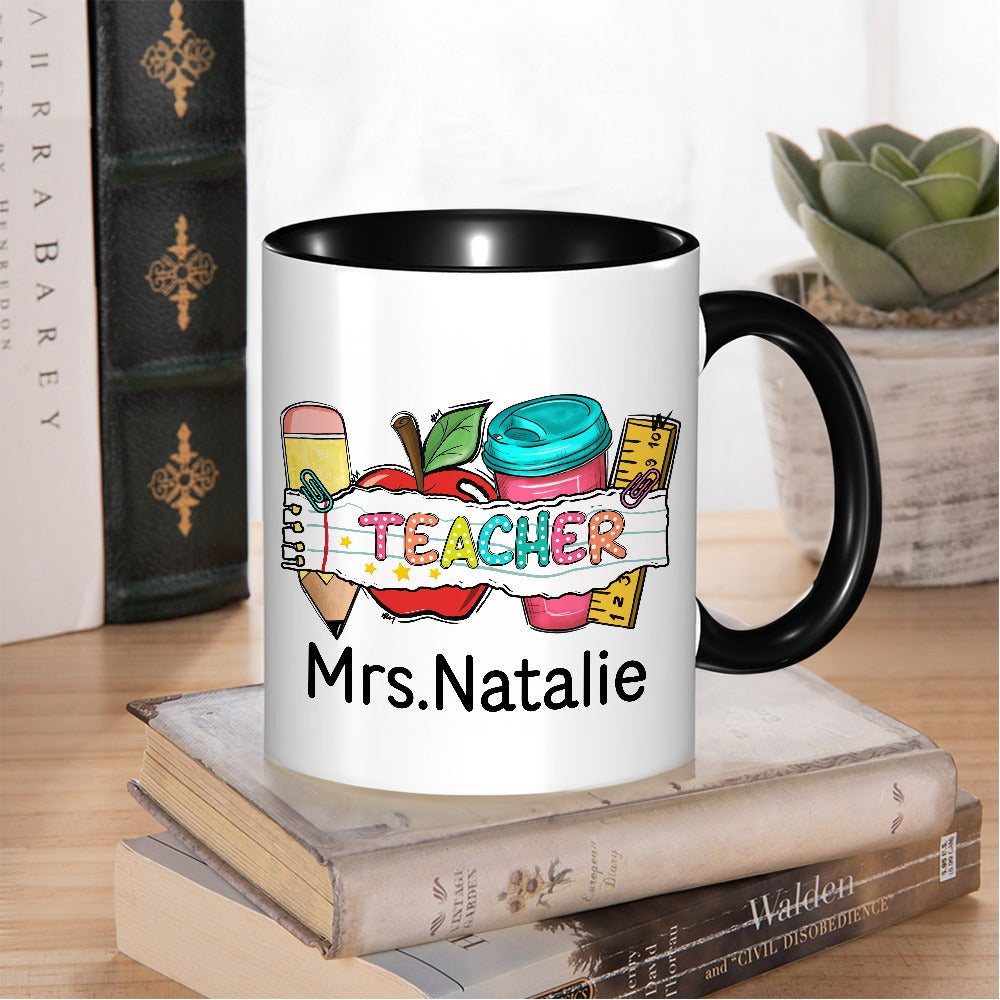 Personalized Name Teacher Mug, Pencil Apple Ruler Design Teacher's 11oz Ceramic Mug, Teacher's Day/Appreciation/Back to School Gift for Teachers