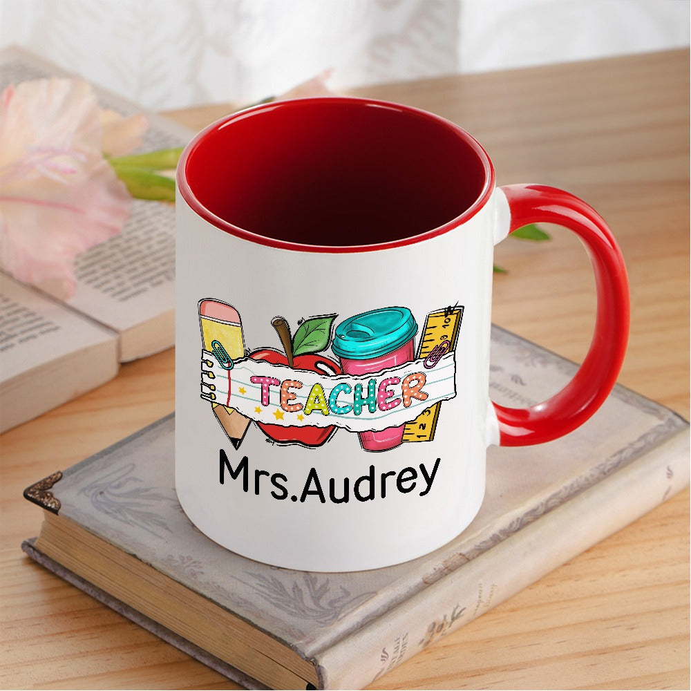 Personalized Name Teacher Mug, Pencil Apple Ruler Design Teacher's 11oz Ceramic Mug, Teacher's Day/Appreciation/Back to School Gift for Teachers