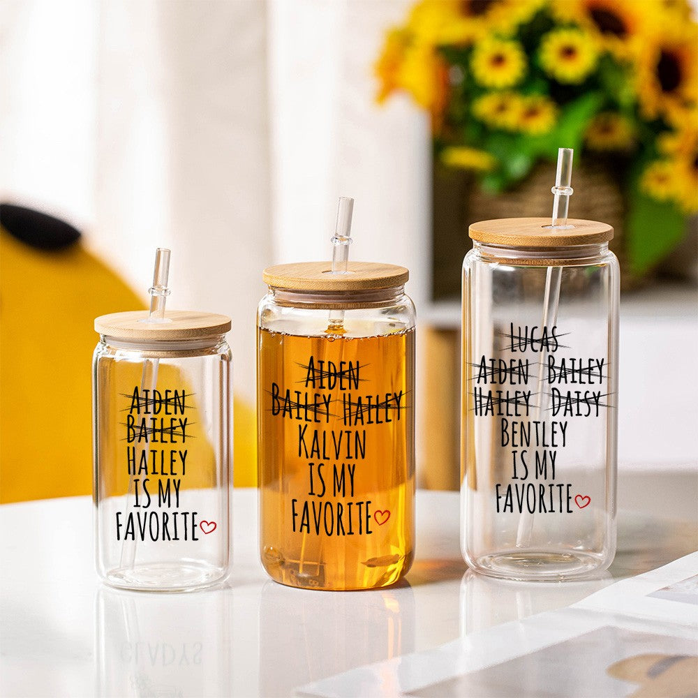 Personalized Name My Favorite Child Glass Cup, 12/16/20oz Tumbler with Straw & Bamboo Lid, Birthday/Mother's Day/Father's Day Gift for Mom/Dad/Elders