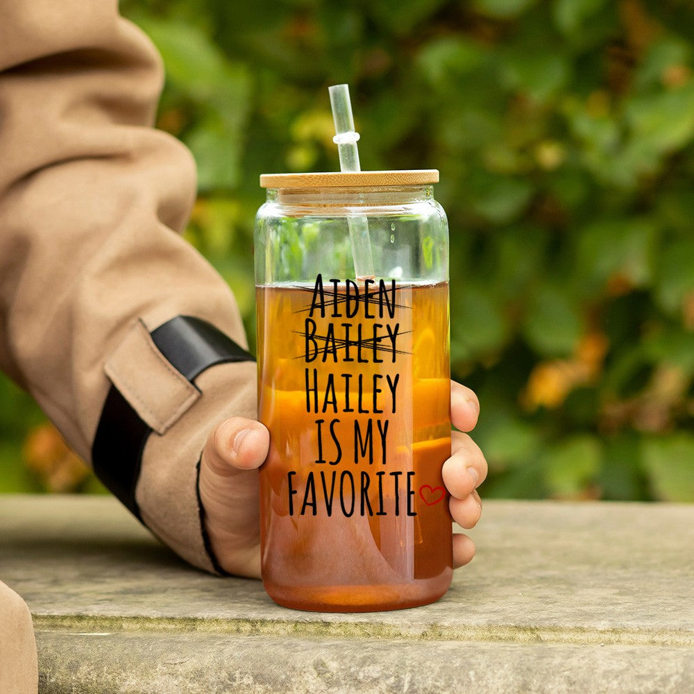 Personalized Name My Favorite Child Glass Cup, 12/16/20oz Tumbler with Straw & Bamboo Lid, Birthday/Mother's Day/Father's Day Gift for Mom/Dad/Elders