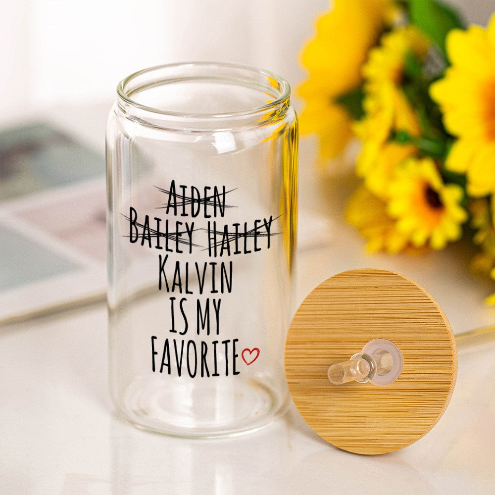 Personalized Name My Favorite Child Glass Cup, 12/16/20oz Tumbler with Straw & Bamboo Lid, Birthday/Mother's Day/Father's Day Gift for Mom/Dad/Elders