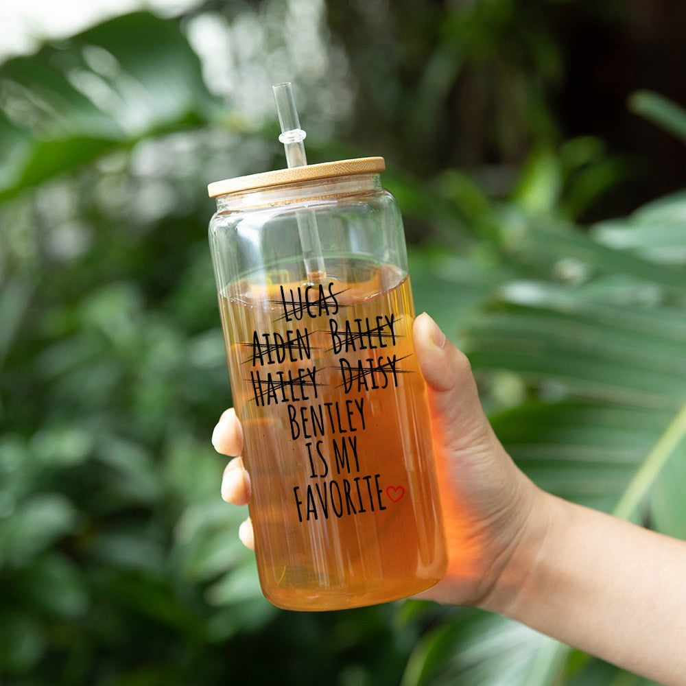 Personalized Name My Favorite Child Glass Cup, 12/16/20oz Tumbler with Straw & Bamboo Lid, Birthday/Mother's Day/Father's Day Gift for Mom/Dad/Elders