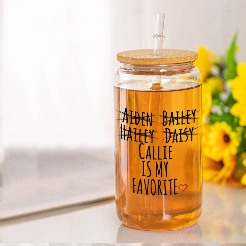 Personalized Name My Favorite Child Glass Cup, 12/16/20oz Tumbler with Straw & Bamboo Lid, Birthday/Mother's Day/Father's Day Gift for Mom/Dad/Elders