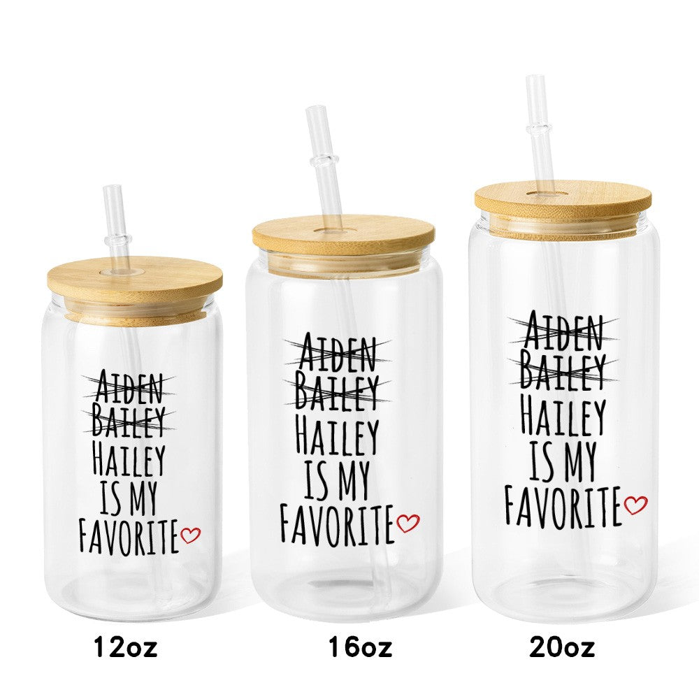 Personalized Name My Favorite Child Glass Cup, 12/16/20oz Tumbler with Straw & Bamboo Lid, Birthday/Mother's Day/Father's Day Gift for Mom/Dad/Elders