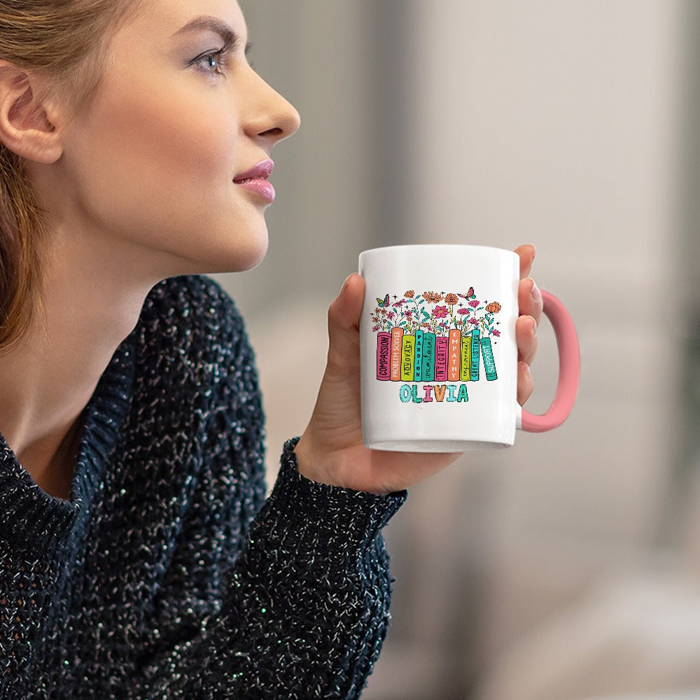 Personalized Name Wildflowers Teacher Mug, Pencil/Book Design Teacher's 11oz Ceramic Mug, Teacher's Day/Appreciation/Back to School Gift for Teachers
