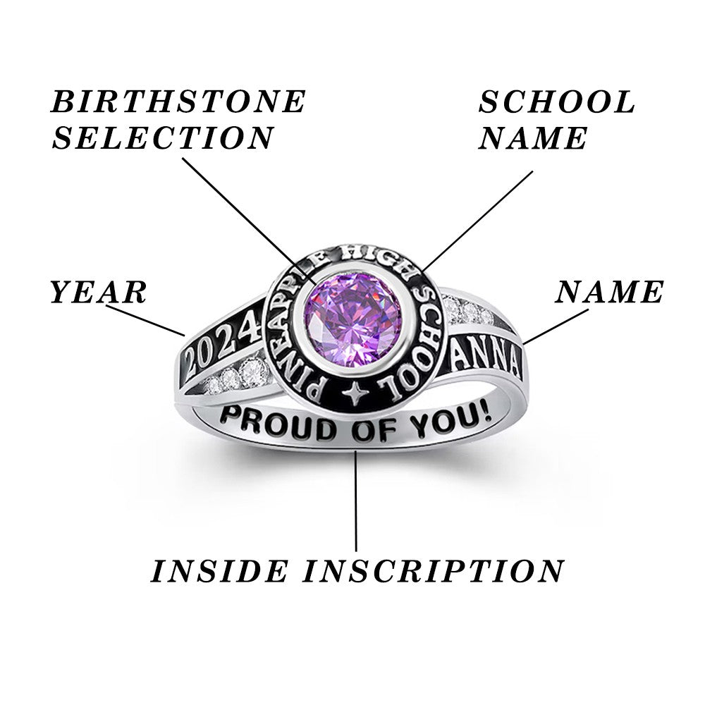 Custom High School Class Ring 2024, Personalized College/University Graduation Ring for Women Sterling Silver 925, Graduation Gift for Girls/Her