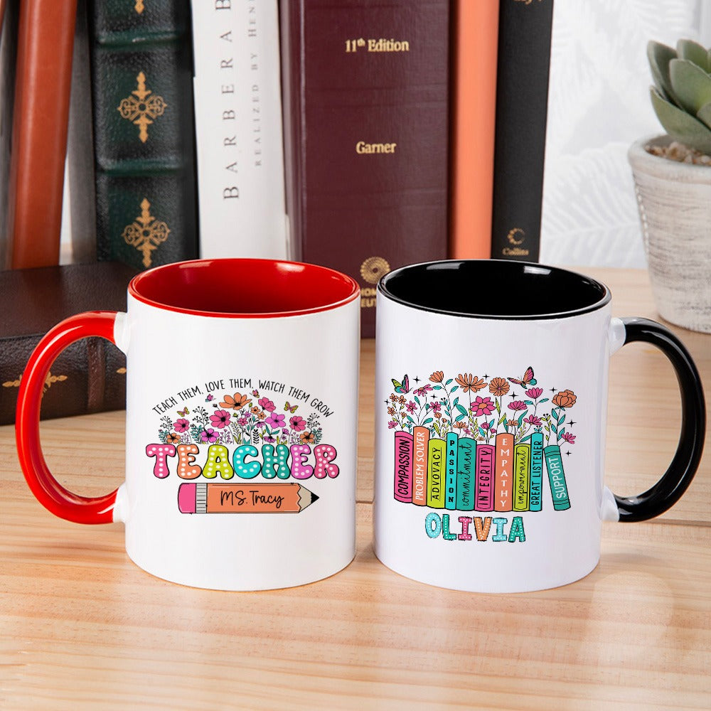 Personalized Name Wildflowers Teacher Mug, Pencil/Book Design Teacher's 11oz Ceramic Mug, Teacher's Day/Appreciation/Back to School Gift for Teachers