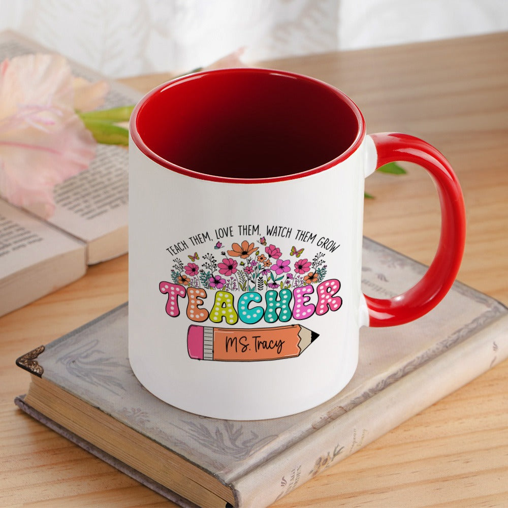 Personalized Name Wildflowers Teacher Mug, Pencil/Book Design Teacher's 11oz Ceramic Mug, Teacher's Day/Appreciation/Back to School Gift for Teachers