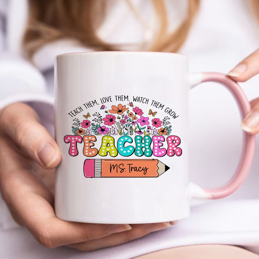 Personalized Name Wildflowers Teacher Mug, Pencil/Book Design Teacher's 11oz Ceramic Mug, Teacher's Day/Appreciation/Back to School Gift for Teachers