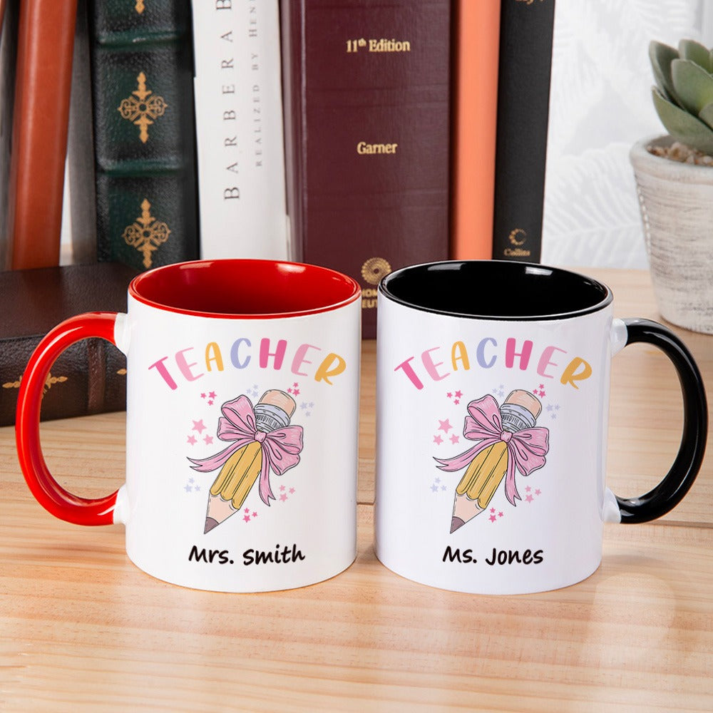 Personalized Pink Coquette Bow Pencil Mug with Teacher's Name, 11oz Ceramic Coffee Tea Cup, Teacher's Day/Appreciation/Christmas Gift for Teachers
