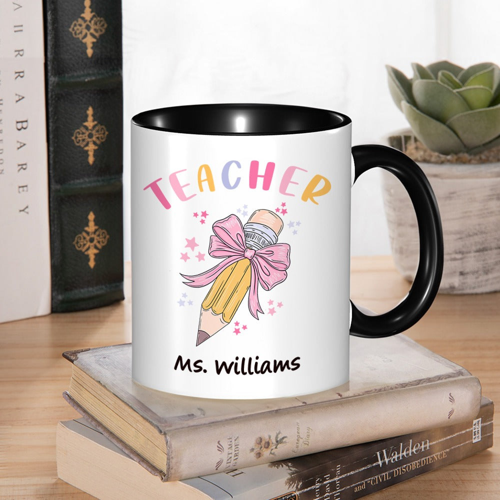 Personalized Pink Coquette Bow Pencil Mug with Teacher's Name, 11oz Ceramic Coffee Tea Cup, Teacher's Day/Appreciation/Christmas Gift for Teachers