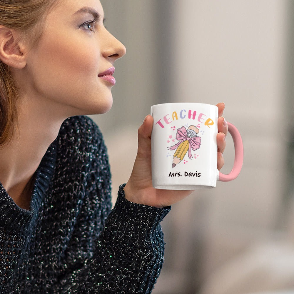 Personalized Pink Coquette Bow Pencil Mug with Teacher's Name, 11oz Ceramic Coffee Tea Cup, Teacher's Day/Appreciation/Christmas Gift for Teachers