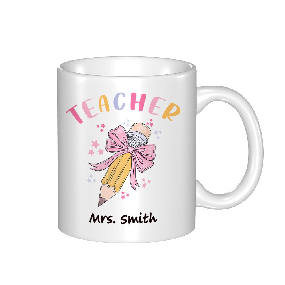 Personalized Pink Coquette Bow Pencil Mug with Teacher's Name, 11oz Ceramic Coffee Tea Cup, Teacher's Day/Appreciation/Christmas Gift for Teachers