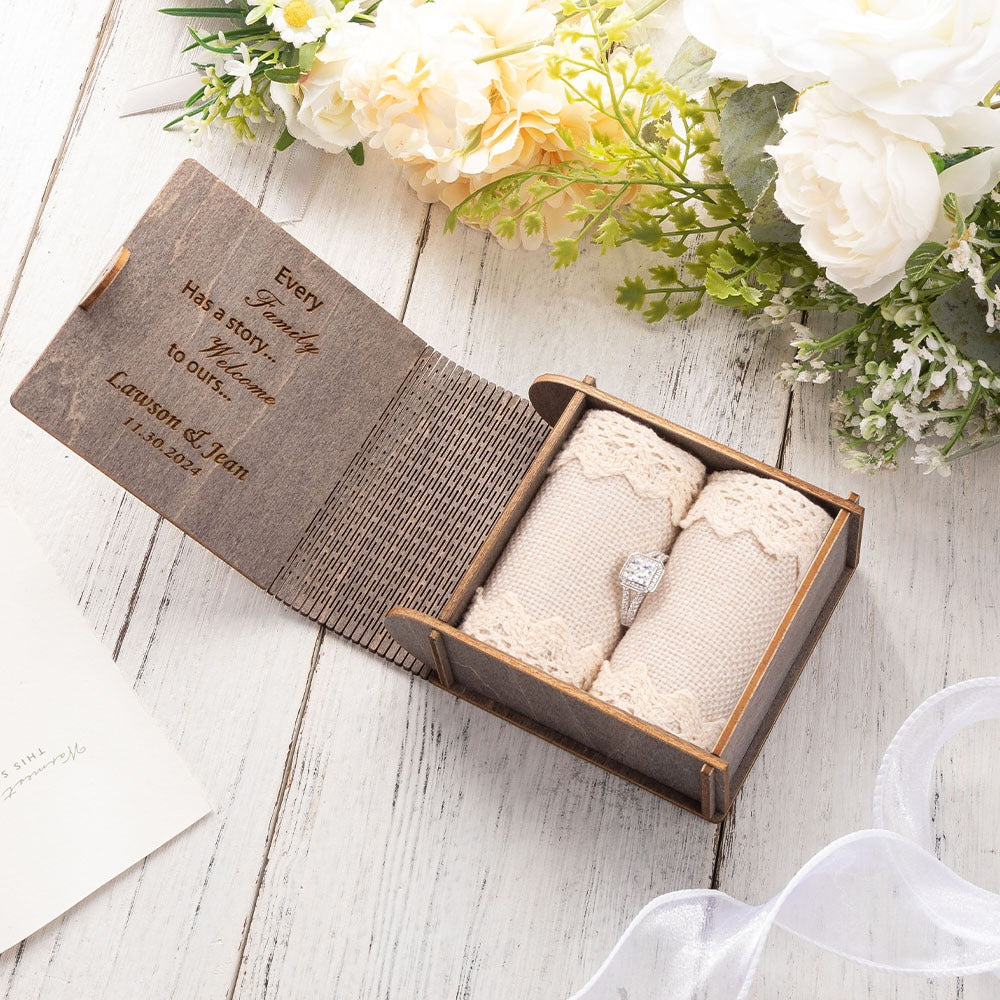 Personalized Love Story Wedding Ring Box, Wood Mini Book Ring Box, Double Pillow Ring Jewelry Box, Engagement/Wedding/Proposal Gift for Couple/Friend