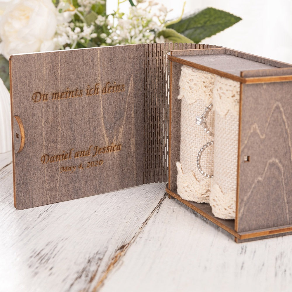 Personalized Love Story Wedding Ring Box, Wood Mini Book Ring Box, Double Pillow Ring Jewelry Box, Engagement/Wedding/Proposal Gift for Couple/Friend