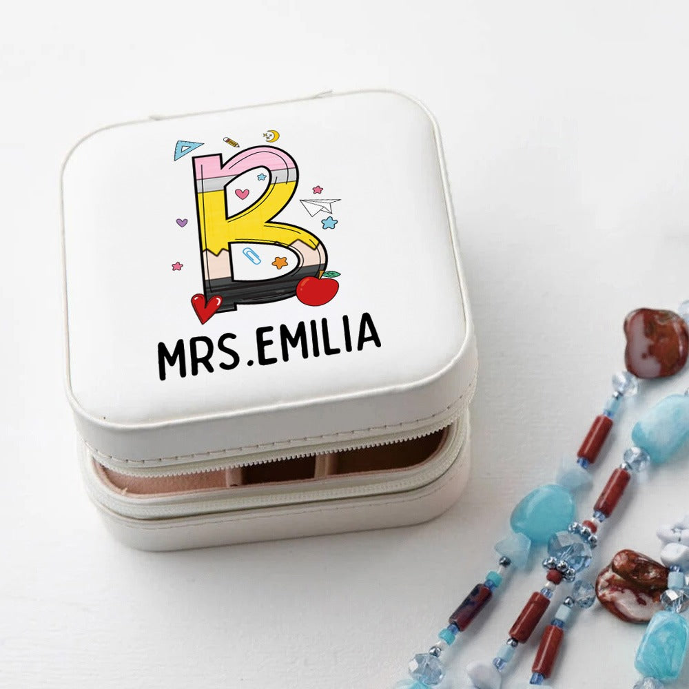 Custom Name Teacher's Jewelry Box, Line Pencil Apple Notebook Design Leather Jewelry Case, Back to School/Teacher's Day/Appreciation Gift for Teachers