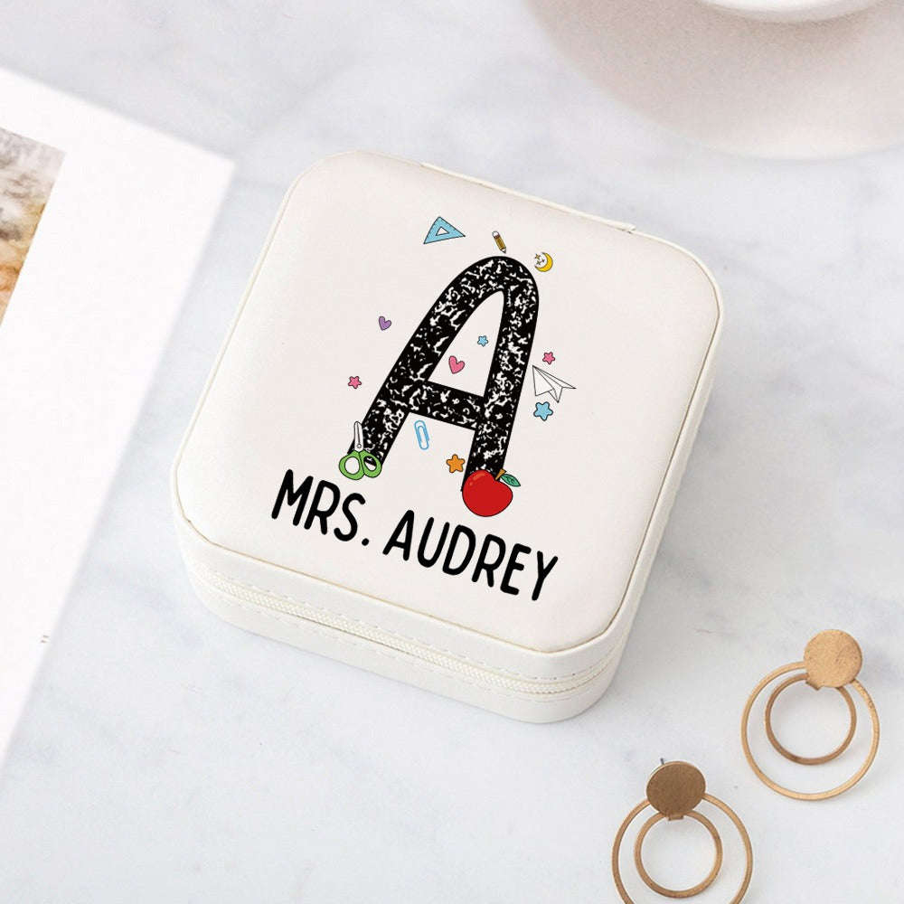 Custom Name Teacher's Jewelry Box, Line Pencil Apple Notebook Design Leather Jewelry Case, Back to School/Teacher's Day/Appreciation Gift for Teachers