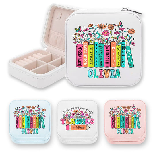 Custom Name Teacher's Jewelry Box, Pencil/Book Garden Design PU Leather Jewelry Case, Back to School/Teacher's Day/Appreciation Gift for Teachers