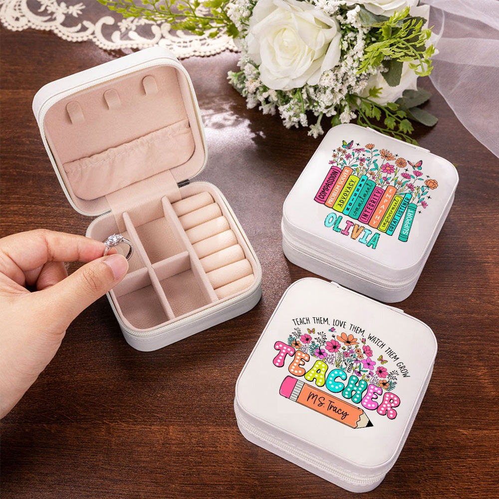 Custom Name Teacher's Jewelry Box, Pencil/Book Garden Design PU Leather Jewelry Case, Back to School/Teacher's Day/Appreciation Gift for Teachers