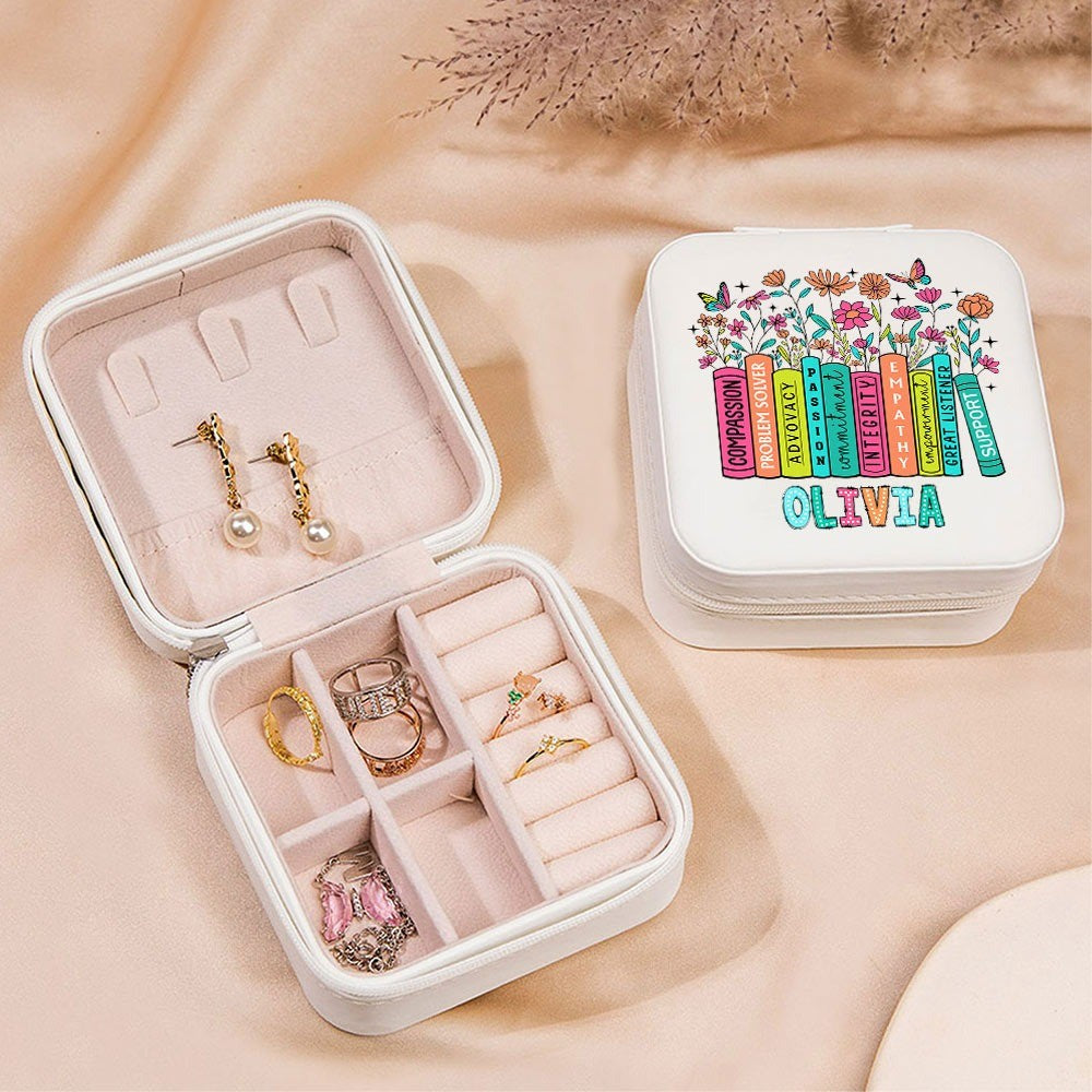 Custom Name Teacher's Jewelry Box, Pencil/Book Garden Design PU Leather Jewelry Case, Back to School/Teacher's Day/Appreciation Gift for Teachers