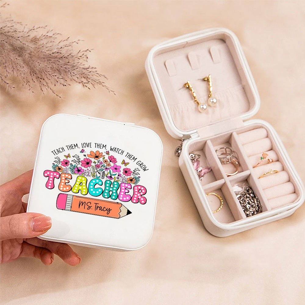Custom Name Teacher's Jewelry Box, Pencil/Book Garden Design PU Leather Jewelry Case, Back to School/Teacher's Day/Appreciation Gift for Teachers