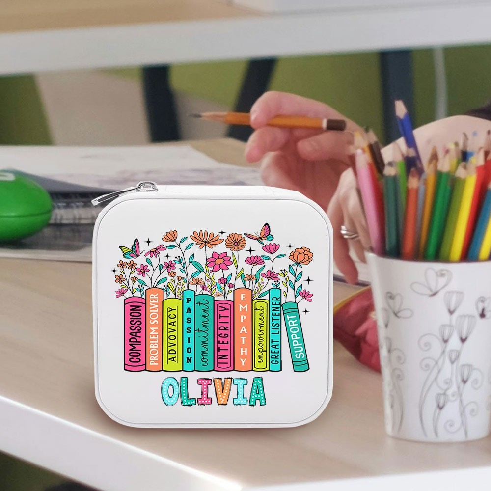 Custom Name Teacher's Jewelry Box, Pencil/Book Garden Design PU Leather Jewelry Case, Back to School/Teacher's Day/Appreciation Gift for Teachers