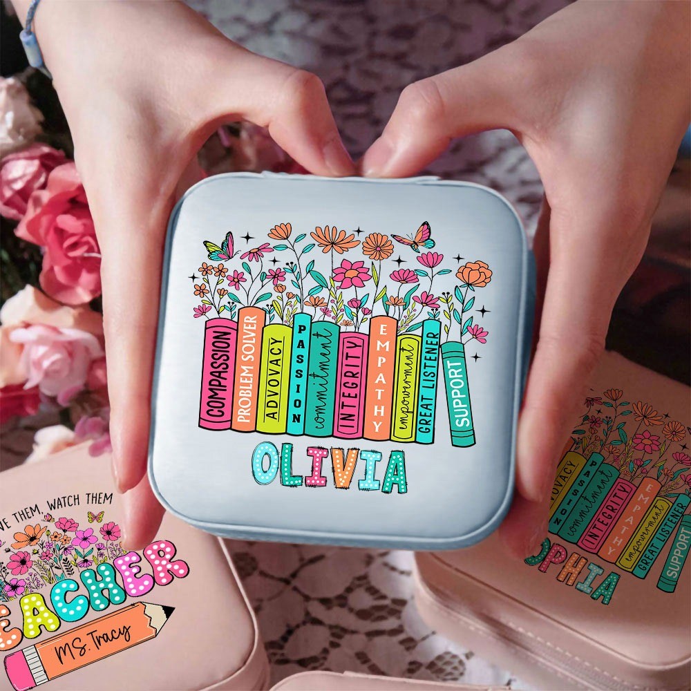 Custom Name Teacher's Jewelry Box, Pencil/Book Garden Design PU Leather Jewelry Case, Back to School/Teacher's Day/Appreciation Gift for Teachers