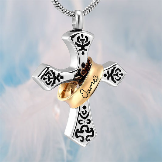 Custom Name Ring Cross Urn Necklace, Cremation Urn Necklace for Ashes of Beloved/Pet Loss/Baby, Memorial Jewelry, Sympathy Gift for Family/Friend/Her