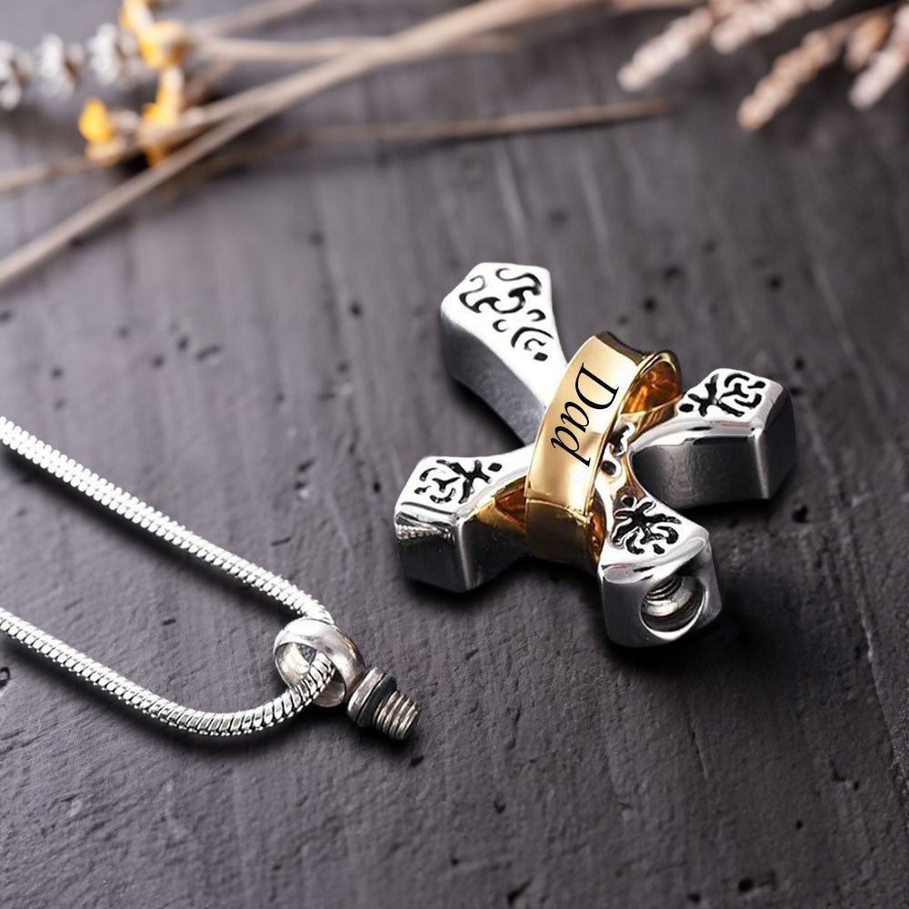 Custom Name Ring Cross Urn Necklace, Cremation Urn Necklace for Ashes of Beloved/Pet Loss/Baby, Memorial Jewelry, Sympathy Gift for Family/Friend/Her