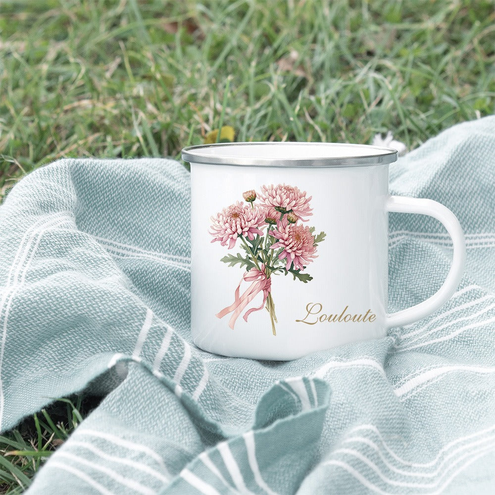 Personalized Name Watercolor Birth Month Flower Mug, 11oz Enamel Mug, Wedding Favor, Birthday/Bridesmaid/Mother's Day Gift for Her/Family/Friend