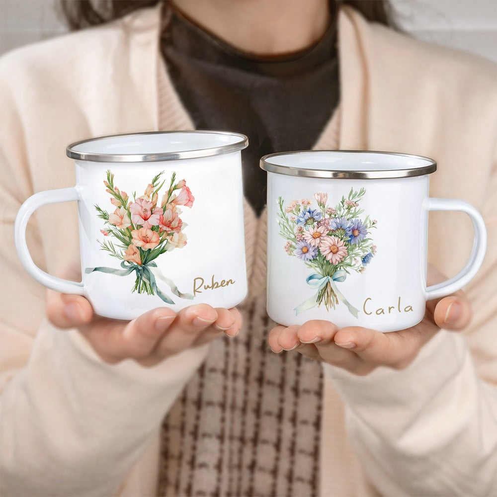 Personalized Name Watercolor Birth Month Flower Mug, 11oz Enamel Mug, Wedding Favor, Birthday/Bridesmaid/Mother's Day Gift for Her/Family/Friend