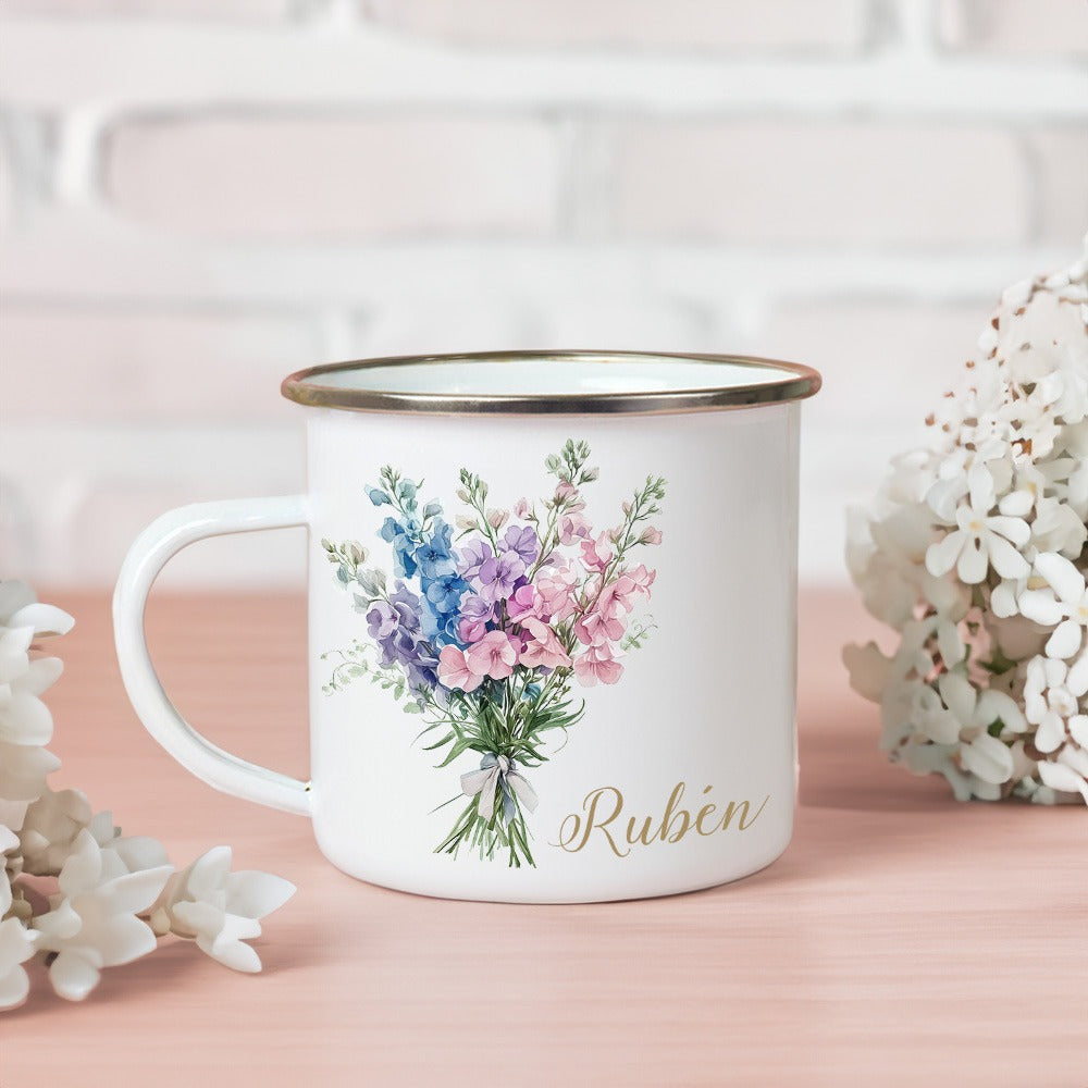 Personalized Name Watercolor Birth Month Flower Mug, 11oz Enamel Mug, Wedding Favor, Birthday/Bridesmaid/Mother's Day Gift for Her/Family/Friend